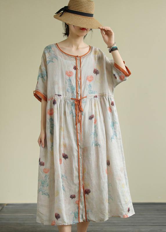 Diy Orange Cashew Chiffon Long Shirts O Neck Drawstring Robe Summer Dresses