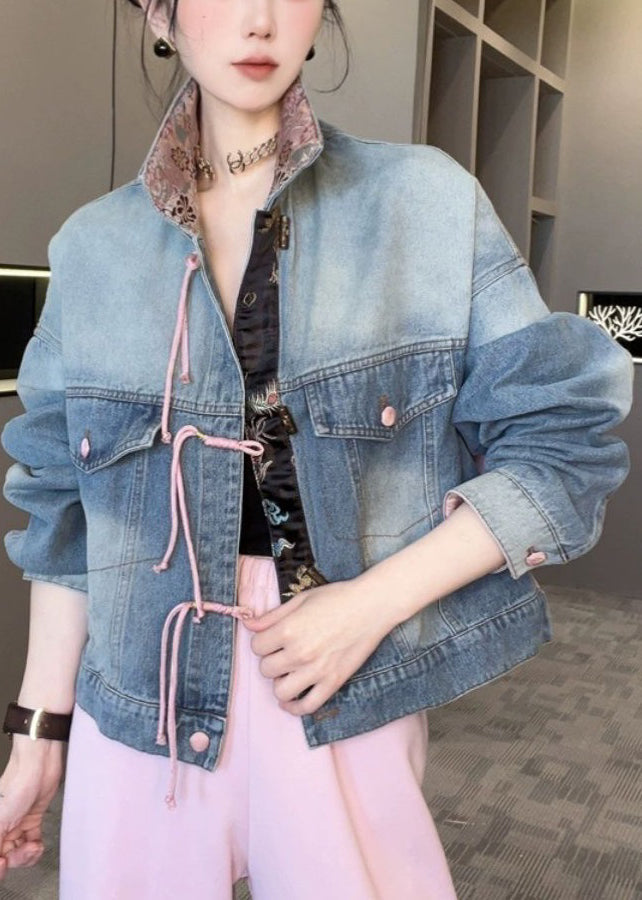 Dark Blue Patchwork Loose Coats Stand Collar Spring