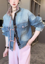 Dark Blue Patchwork Loose Coats Stand Collar Spring