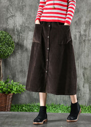 Dark Brown Corduroy Skirts Elastic Waist Button Solid Winter