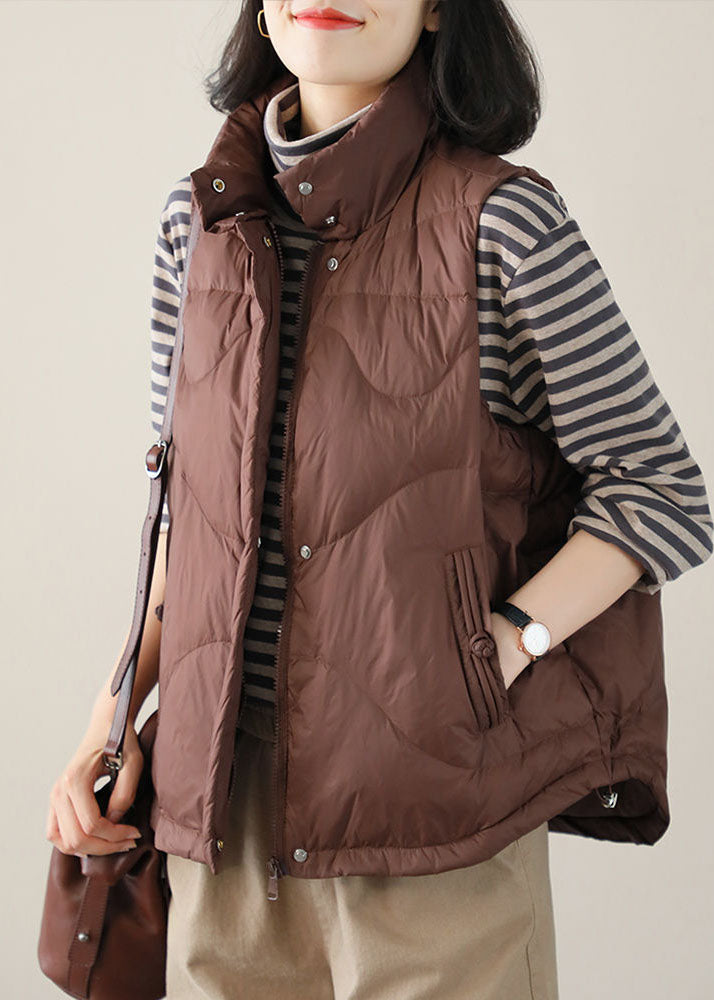 Dark Chocolate Duck Down Vest Tops Stand Collar Pockets Zip Up Winter