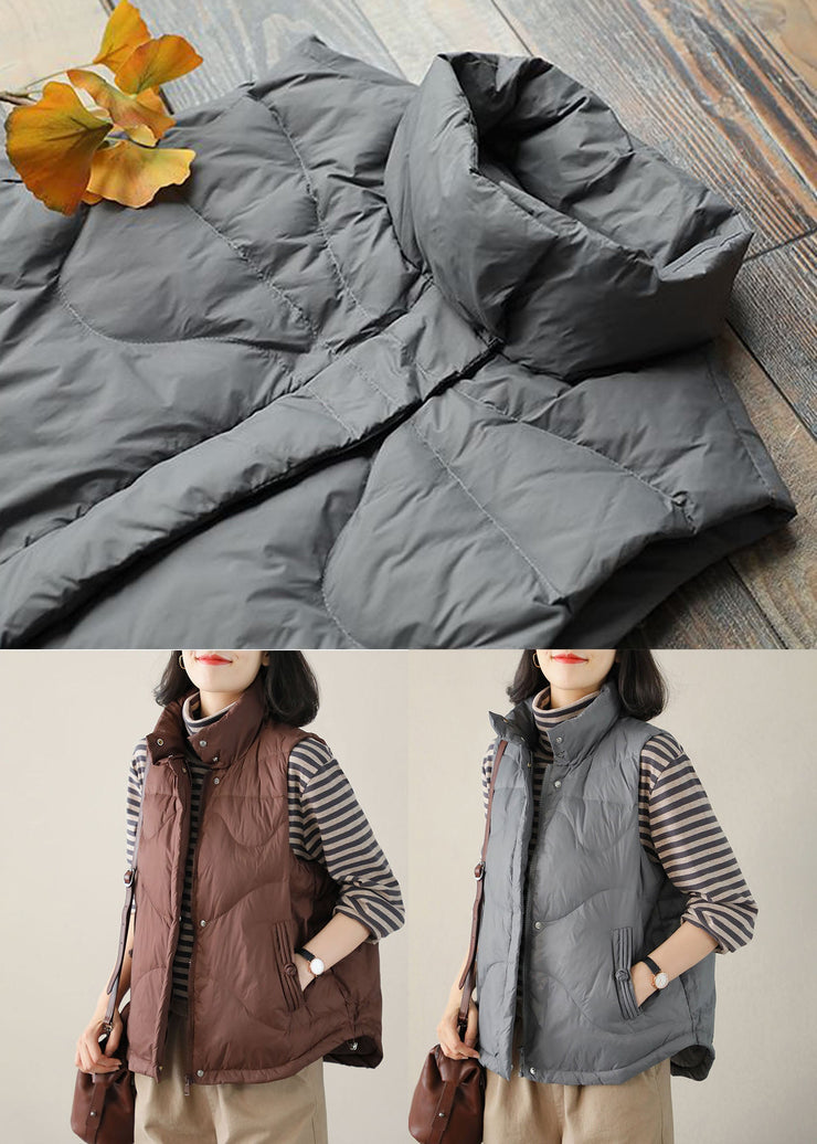 Dark Chocolate Duck Down Vest Tops Stand Collar Pockets Zip Up Winter