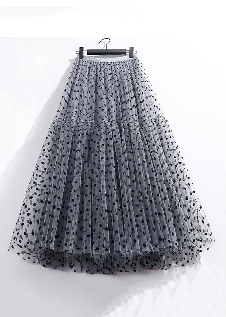 Dark Gray Dot Pleated Tulle Skirt High Waist Summer