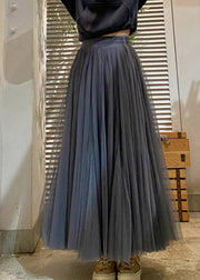 Dark Gray High Waist Pleated Patchwork Tulle Skirts Spring