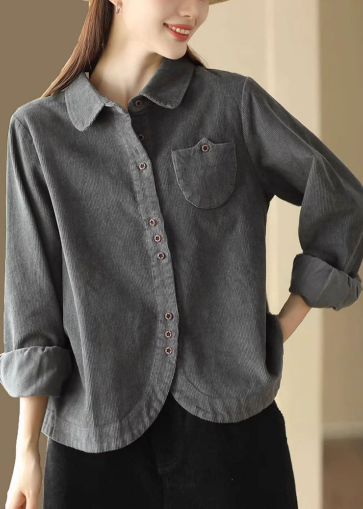 Dark Gray Pockets Corduroy Blouse Top Peter Pan Collar Spring