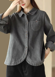 Dark Gray Pockets Corduroy Blouse Top Peter Pan Collar Spring