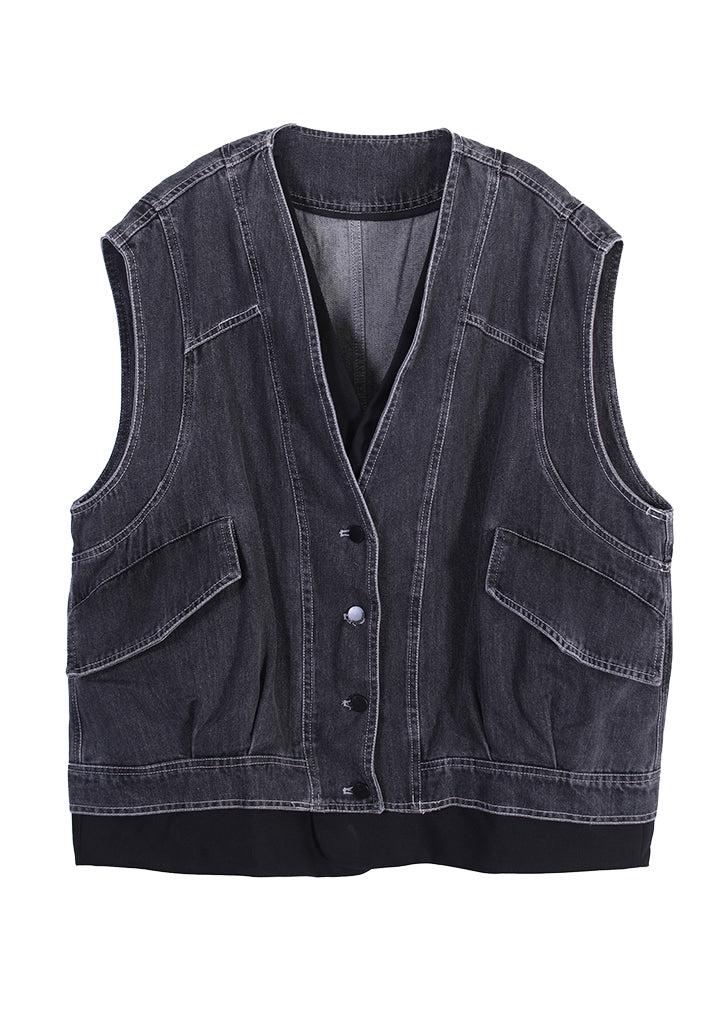 Dark Gray V Neck Patchwork Button Fake Two Pieces Denim Waistcoat Sleeveless