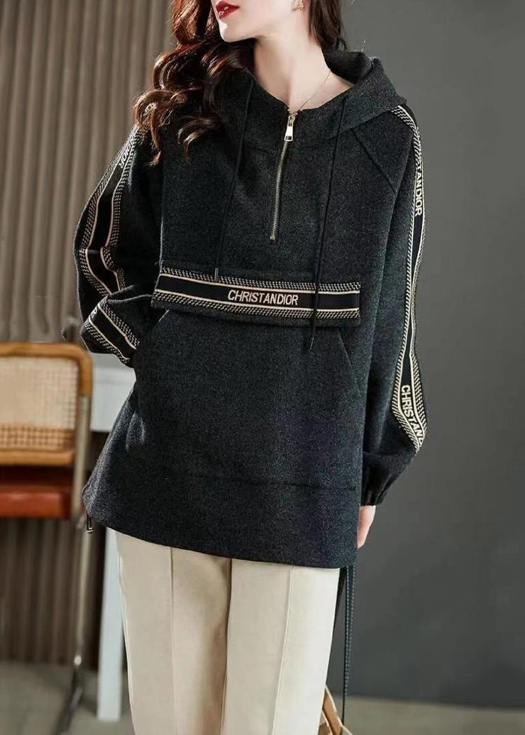 Dark Grey  Drawstring Patchwork Cotton Sweatshirt Zip Up Fall