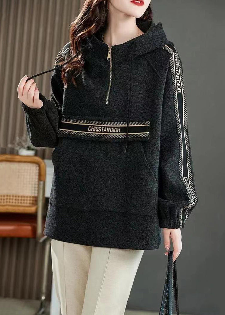 Dark Grey  Drawstring Patchwork Cotton Sweatshirt Zip Up Fall