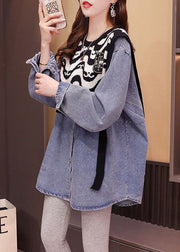 Denim Blue Patchwork Knit Denim Shirts Oversized Print Spring