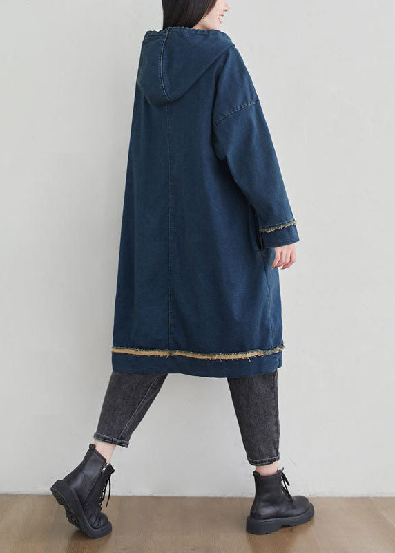 Denim Blue Print Cotton Sweatshirt Dress Oversized Drawstring Spring