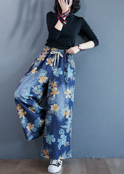 Denim Blue Print Cotton Wide Leg Pants Elastic Waist Spring