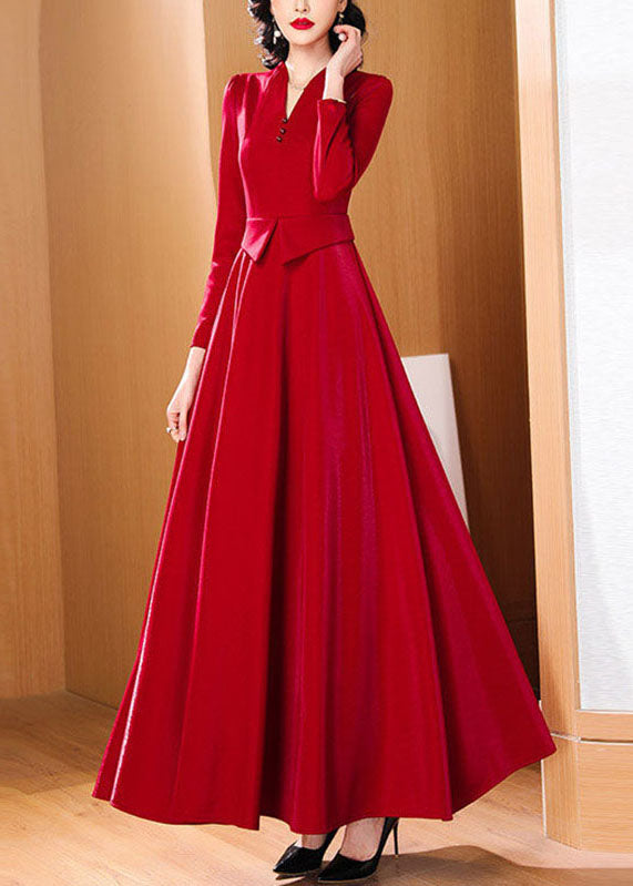 Dinner Red V Neck Patchwork Button Party Long Dress Fall