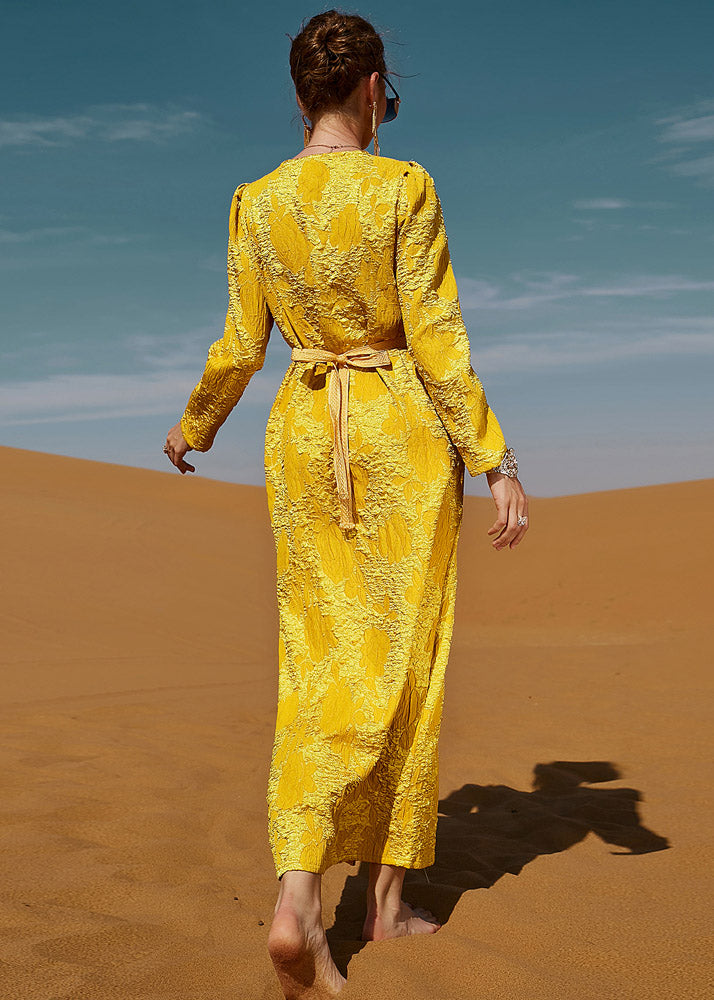 Dinner Yellow O-Neck Floral Slim Lace Maxi Dresses Long Sleeve