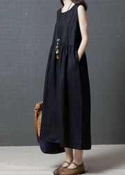 Diy Black O Neck Wrinkled Patchwork Cotton Dress Sleeveless