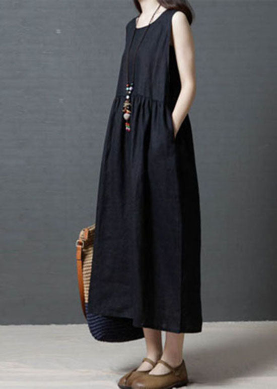 Diy Black O Neck Wrinkled Patchwork Cotton Dress Sleeveless