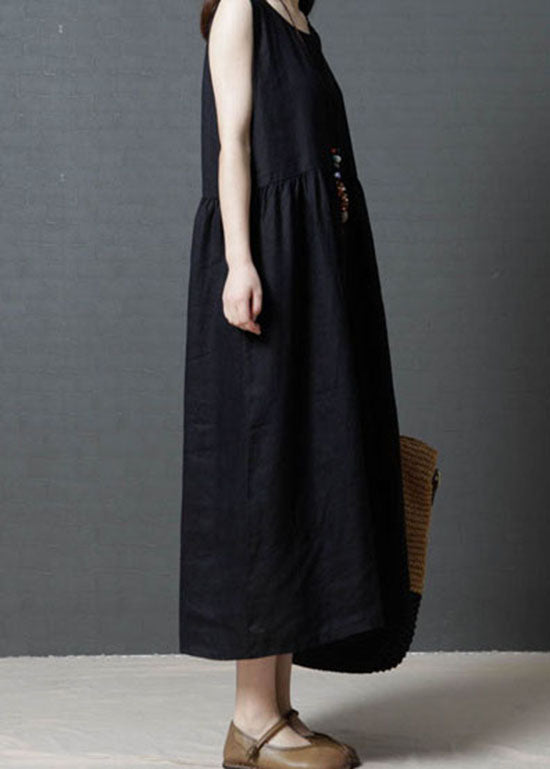 Diy Black O Neck Wrinkled Patchwork Cotton Dress Sleeveless