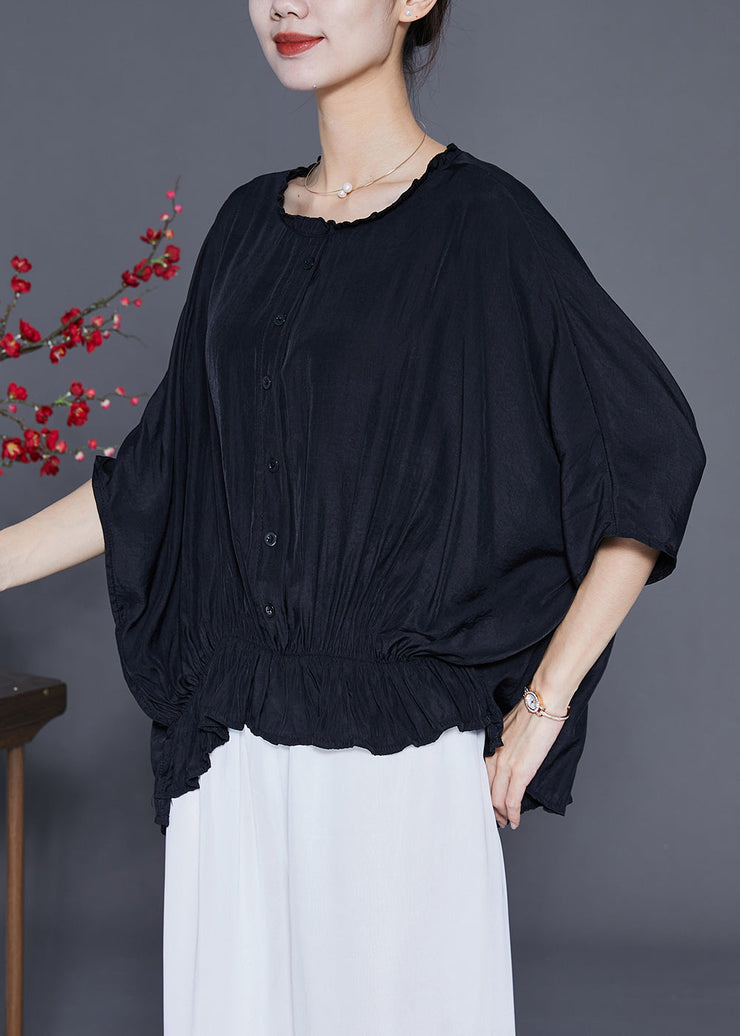 Diy Black Oversized Wrinkled Silk Shirt Top Summer