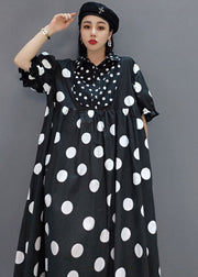 Diy Black Peter Pan Collar Patchwork Dot Print Exra Large Hem Cotton Long Dress Short Sleeve