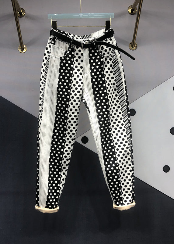 Diy Black White Dot Pockets Patchwork Denim Pants Fall