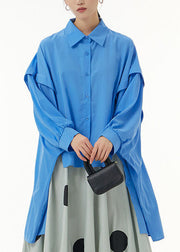 Diy Blue Asymmetrical Patchwork Cotton Shirts Batwing Sleeve