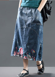 Diy Blue High Waist Embroideried Patchwork Cotton Denim Skirts Summer