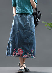 Diy Blue High Waist Embroideried Patchwork Cotton Denim Skirts Summer