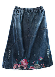 Diy Blue High Waist Embroideried Patchwork Cotton Denim Skirts Summer