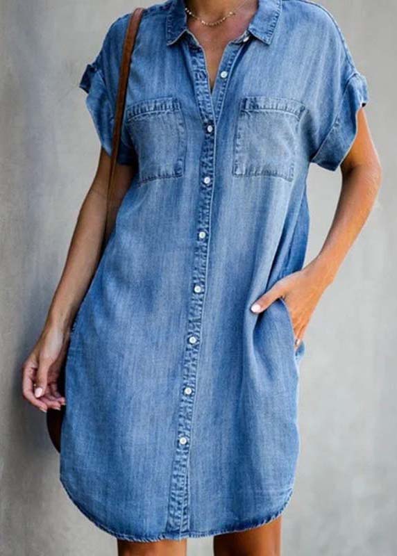 Diy Blue Peter Pan Collar Pockets Denim Shirt Dress Summer