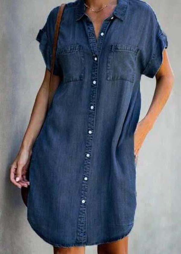 Diy Blue Peter Pan Collar Pockets Denim Shirt Dress Summer