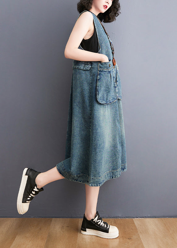 Diy Blue V Neck Pockets Cotton Denim A Line Dresses Sleeveless