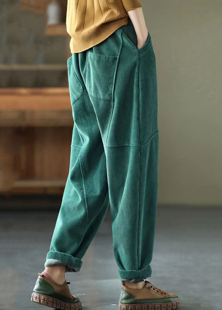 Diy Green Elastic Waist Patchwork Corduroy Harem Pants Winter