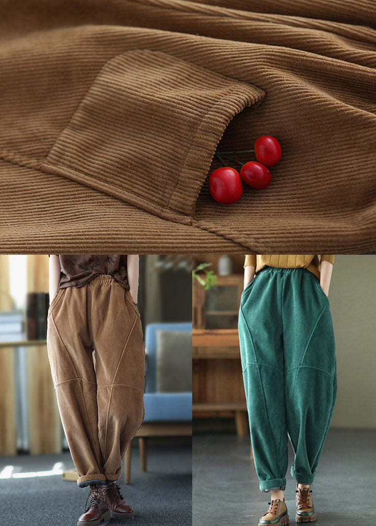 Diy Green Elastic Waist Patchwork Corduroy Harem Pants Winter