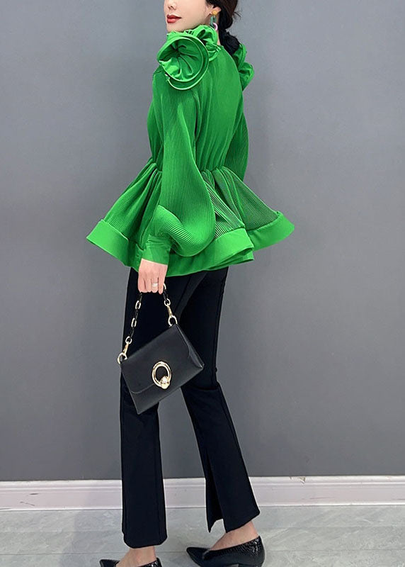 Diy Green V Neck Ruffled Patchwork Chiffon Shirt Tops Spring