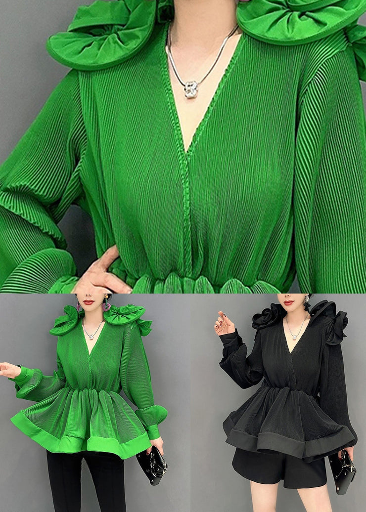 Diy Green V Neck Ruffled Patchwork Chiffon Shirt Tops Spring