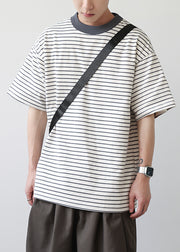 Diy Grey O Neck Striped Cotton T Shirts Summer