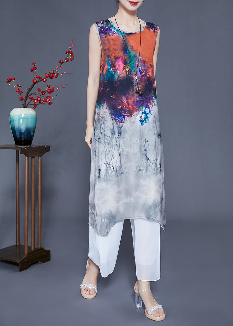 Diy Grey Stand Collar Oversized Tie Dye Silk Two Piece Set Women Clothing Summer