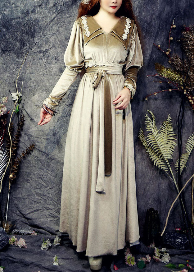 Diy Khaki Double-Layer Tie Waist Silk Velour Long Dresses Spring