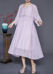 Diy Light Purple V Neck Cinched Silk Cotton Long Dresses Summer