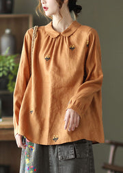 Diy Orange Wrinkled Embroideried Patchwork Linen Shirts Long Sleeve