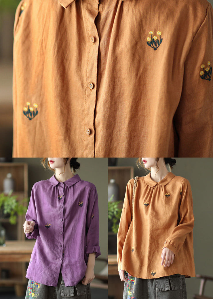 Diy Orange Wrinkled Embroideried Patchwork Linen Shirts Long Sleeve