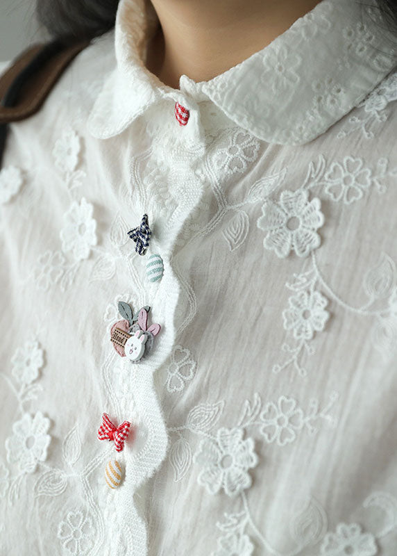 Diy White Embroideried Three-dimensional Floral Cotton Shirt Top Long Sleeve