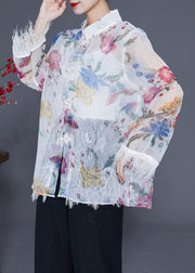 Diy White Print Patchwork Tassel Chinese Button Chiffon Shirts Summer