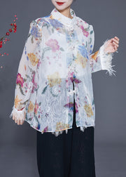 Diy White Print Patchwork Tassel Chinese Button Chiffon Shirts Summer