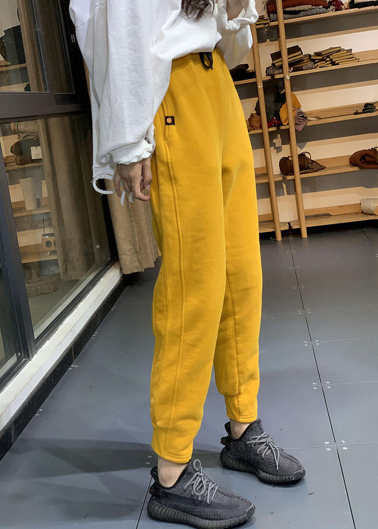 Diy Yellow Elastic Waist Drawstring Pockets Warm Fleece Sweatshirt Pants Winter