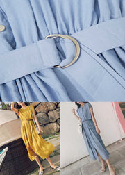 Diy Yellow O Neck Patchwork Tie Waist Cotton Dress Short Sleeve