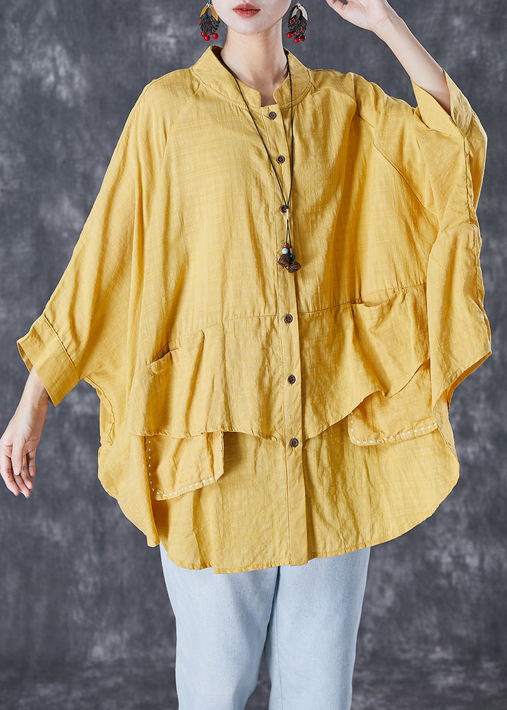 Diy Yellow Oversized Patchwork Linen Shirt Tops Batwing Sleeve