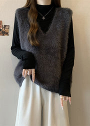 Dull Grey Thick Faux Fur Vest Tops V Neck Fall