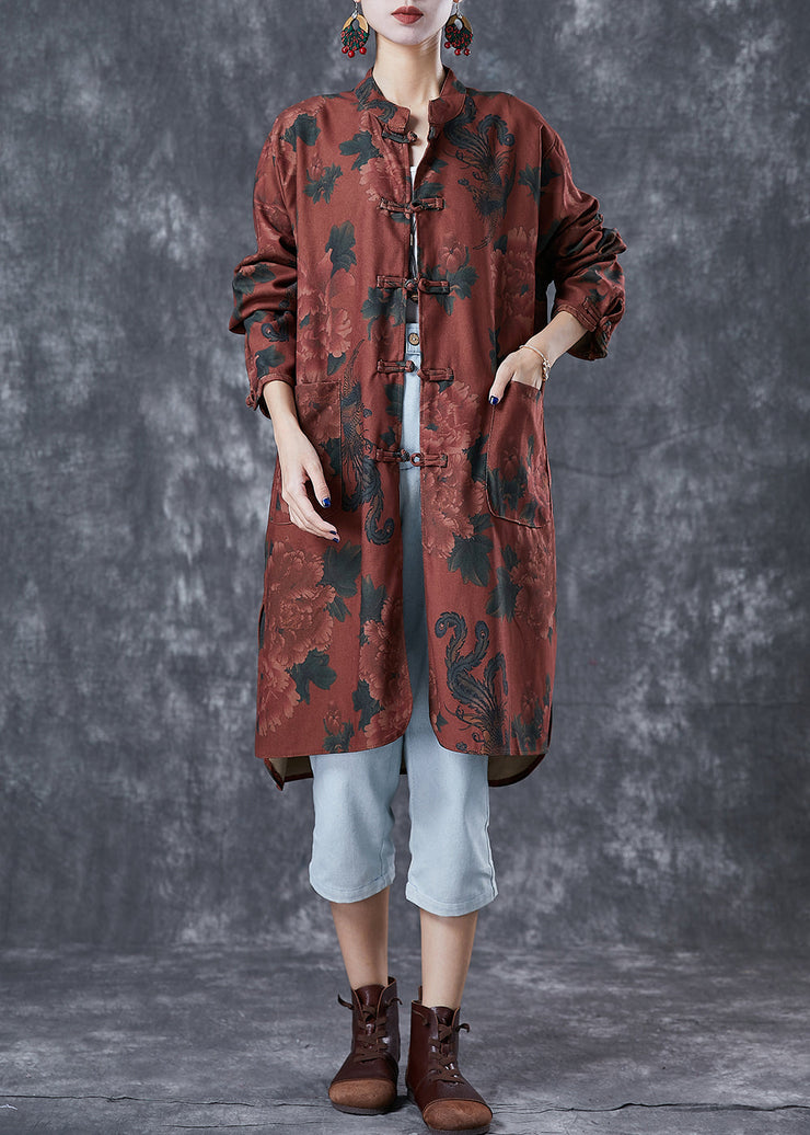 Dull Red Floral Print Linen Chinese Style Shirt Dress Fall