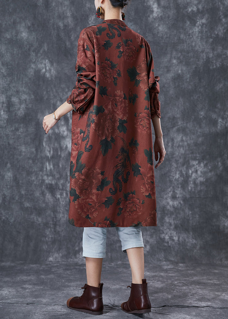 Dull Red Floral Print Linen Chinese Style Shirt Dress Fall